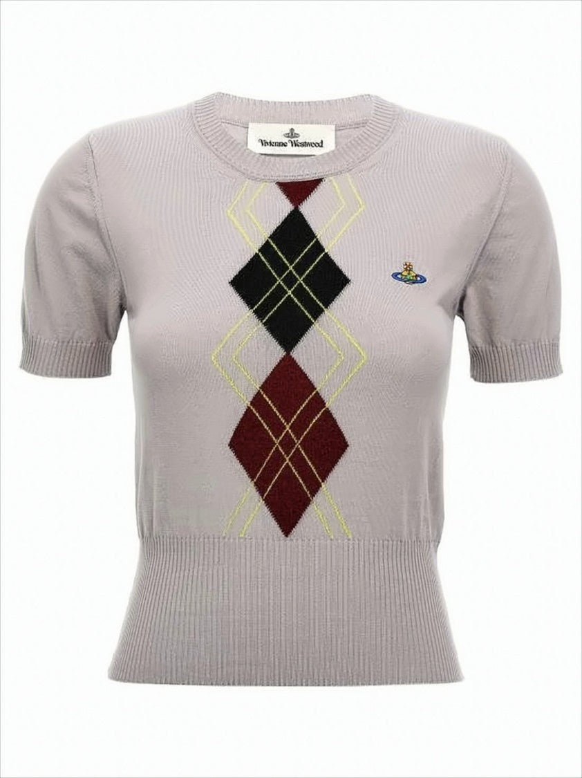 Fitted Knit Sweater with Classic Argyle Pattern