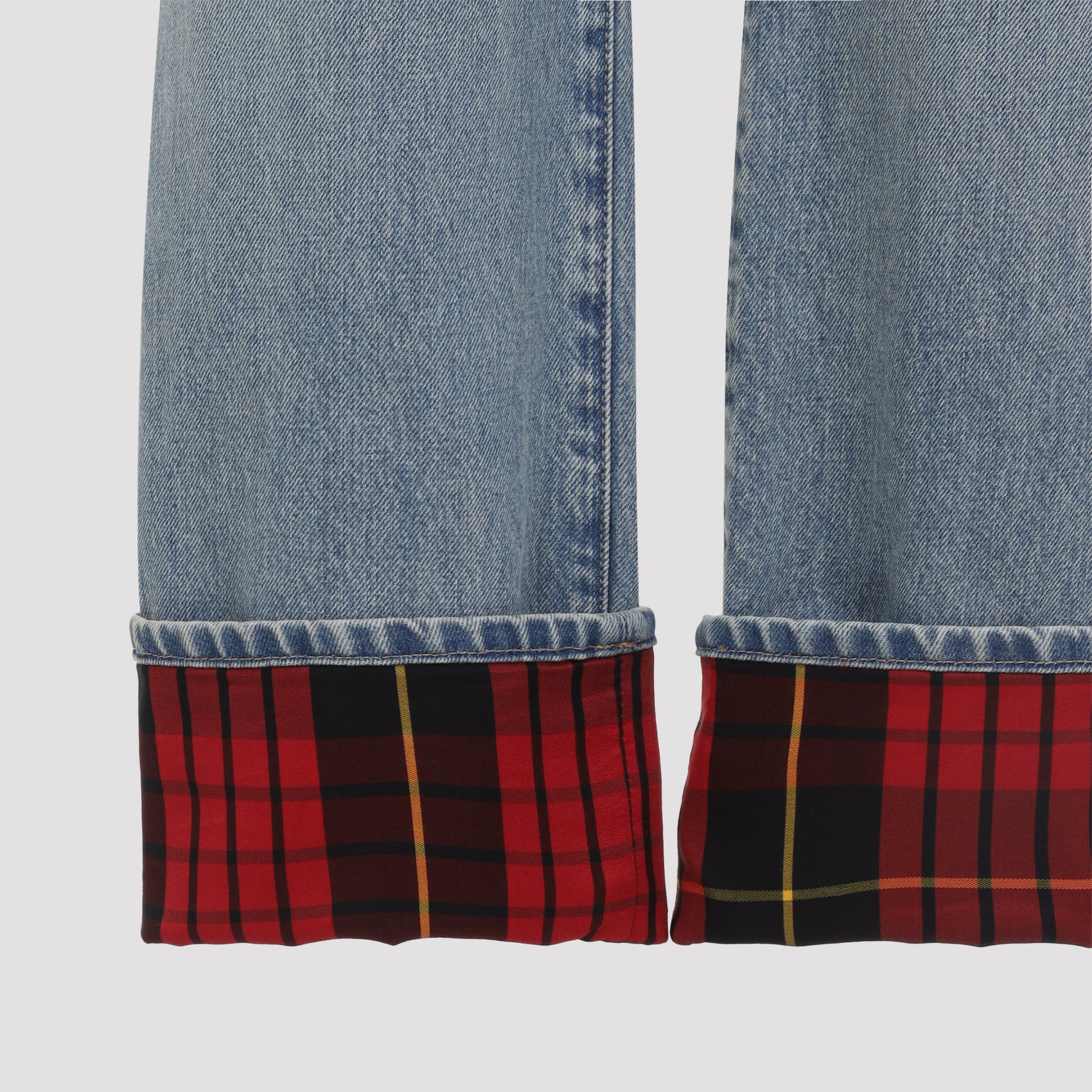 Light Blue Denim Jeans with Bold Tartan Cuffs