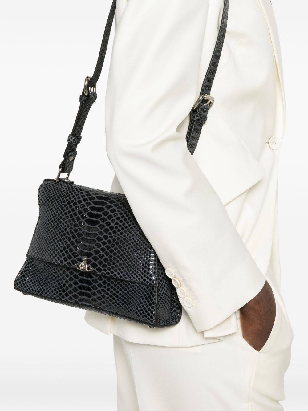Dark Grey Snakeskin Textured Foldover Bag