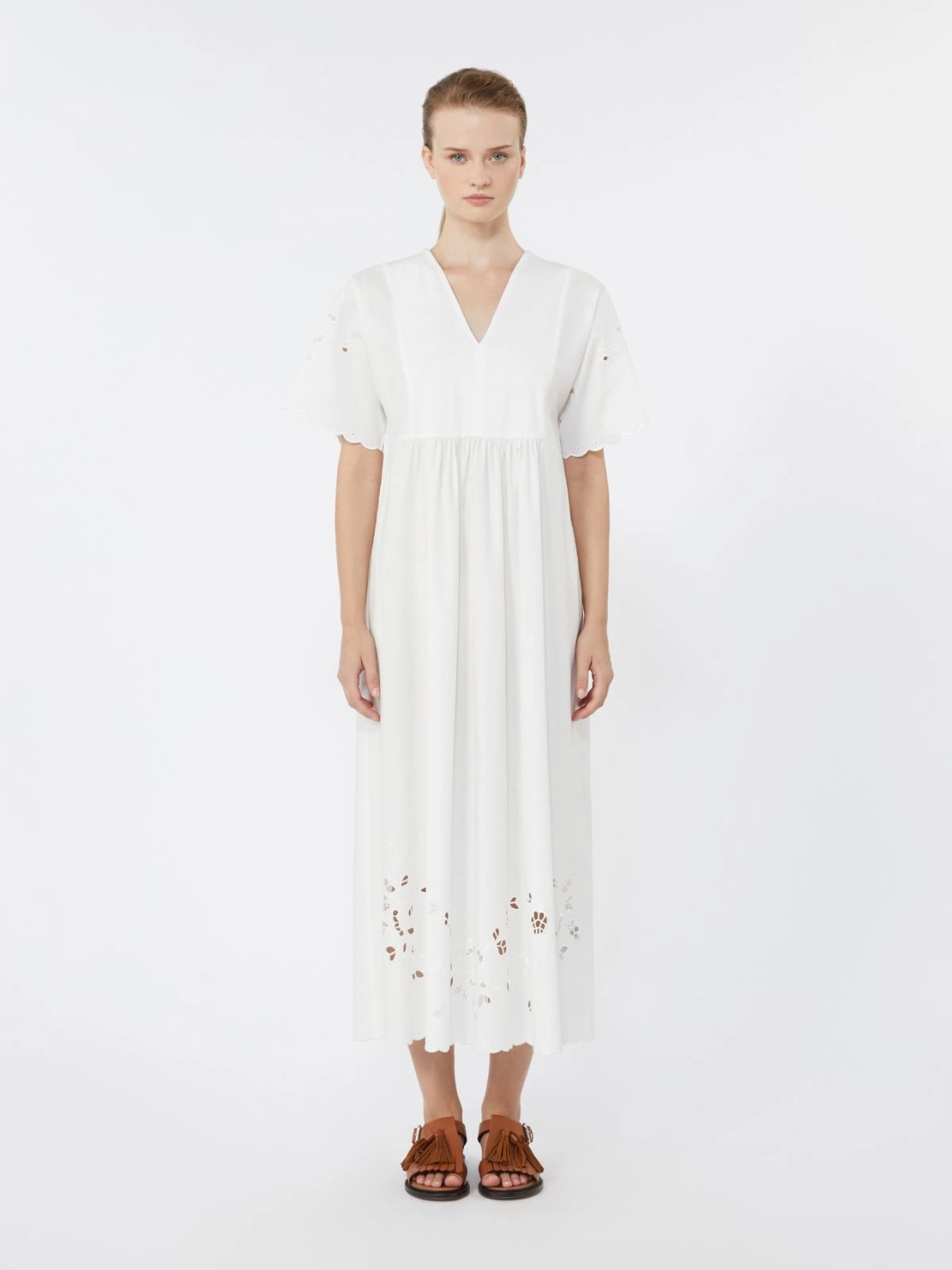 V-Neck Midi Dress with Eyelet Embroidery