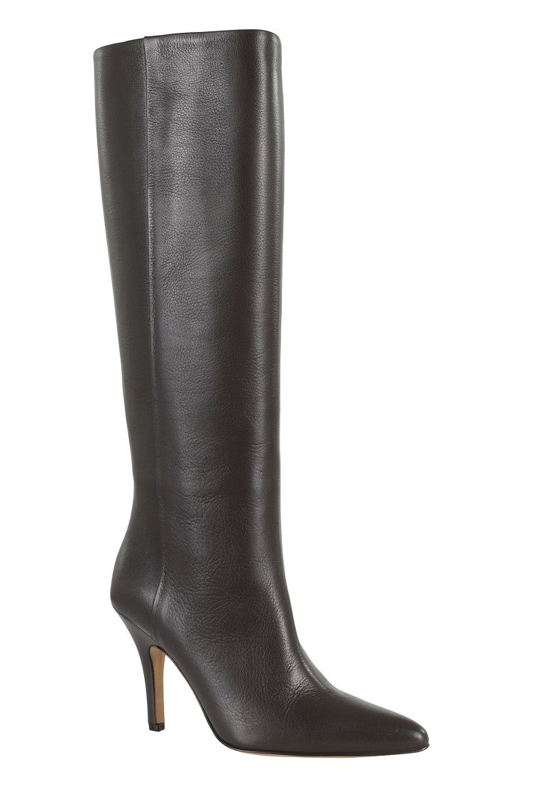 Pointed Toe Knee-High Boot With White Stitch Detail
