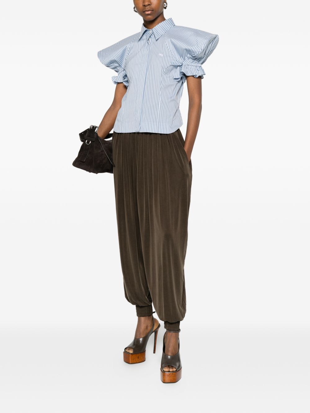 Blue Striped Gathered Sleeve Button Top