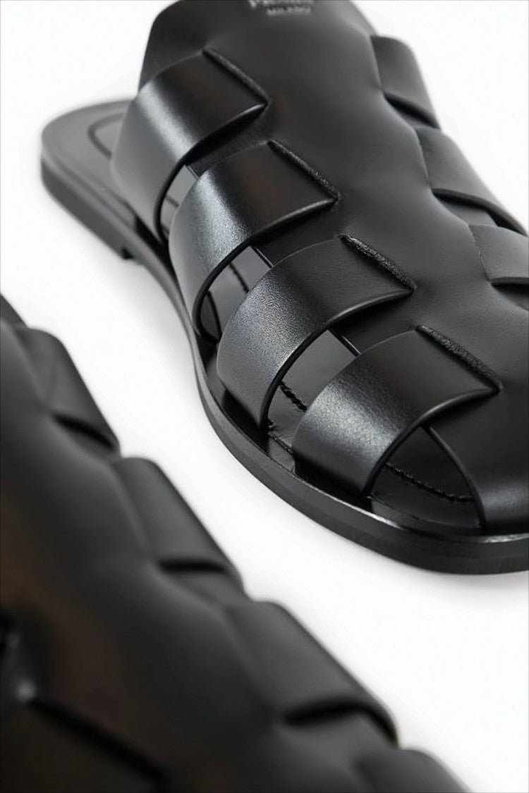 Woven Strap Black Leather Mules