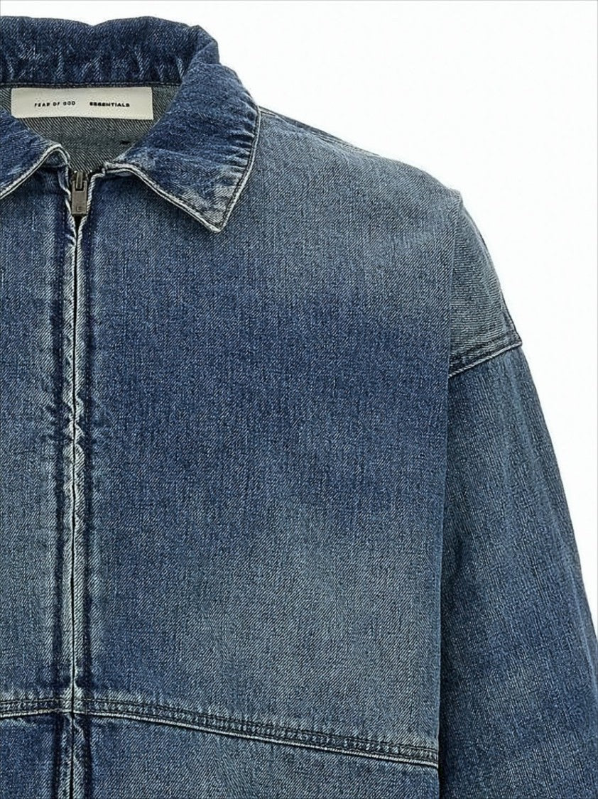 Medium Blue Wash Denim Jacket With Cropped Fit And Whiskering Details