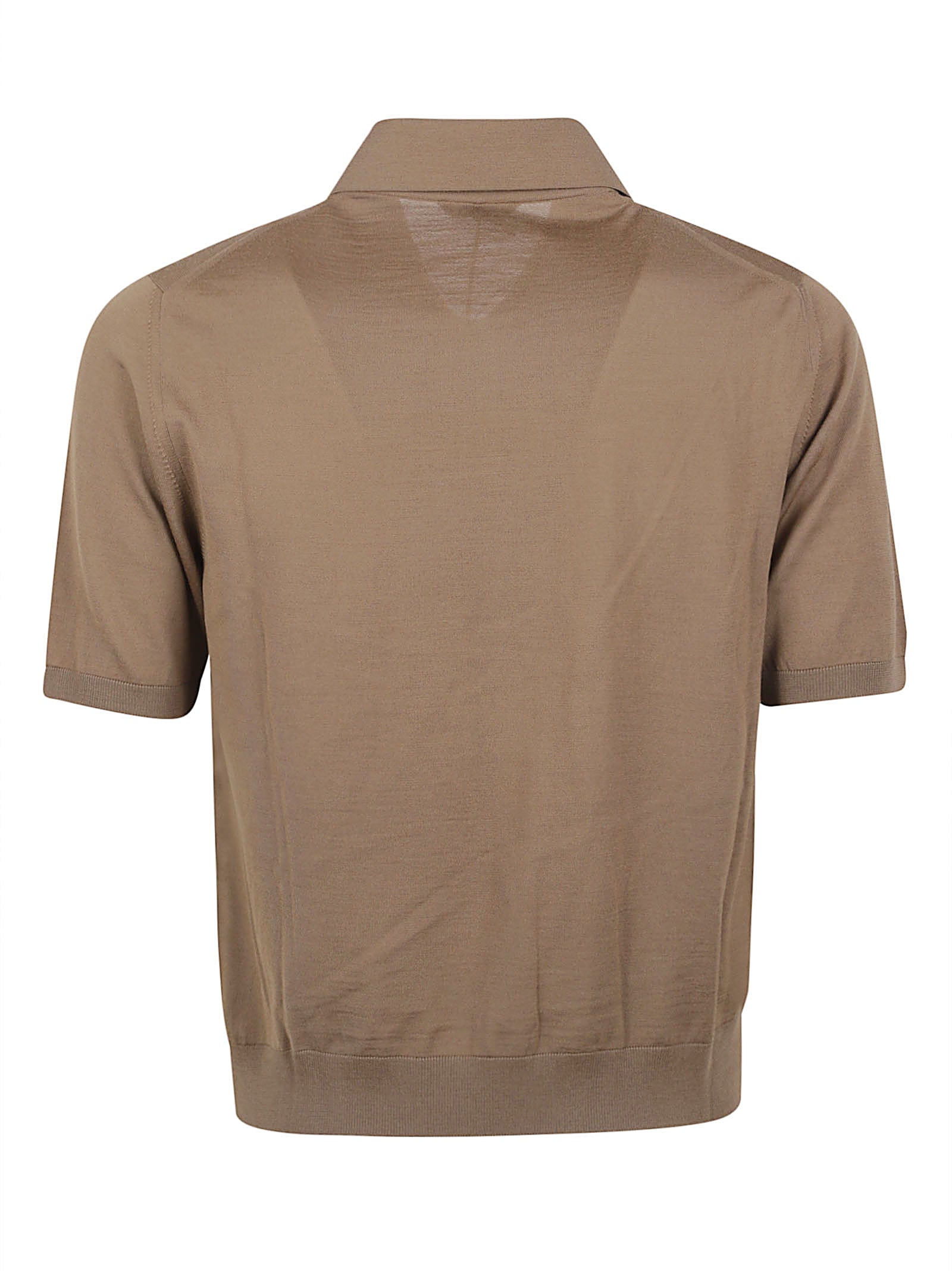 Wool Knit Short-Sleeve Shirt with Polo Collar and Flap Pockets