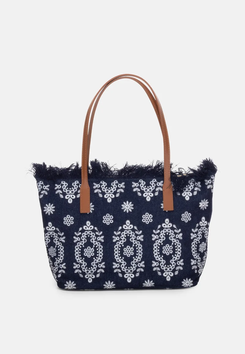 Navy Blue Rectangular Tote Bag with Embroidered Details