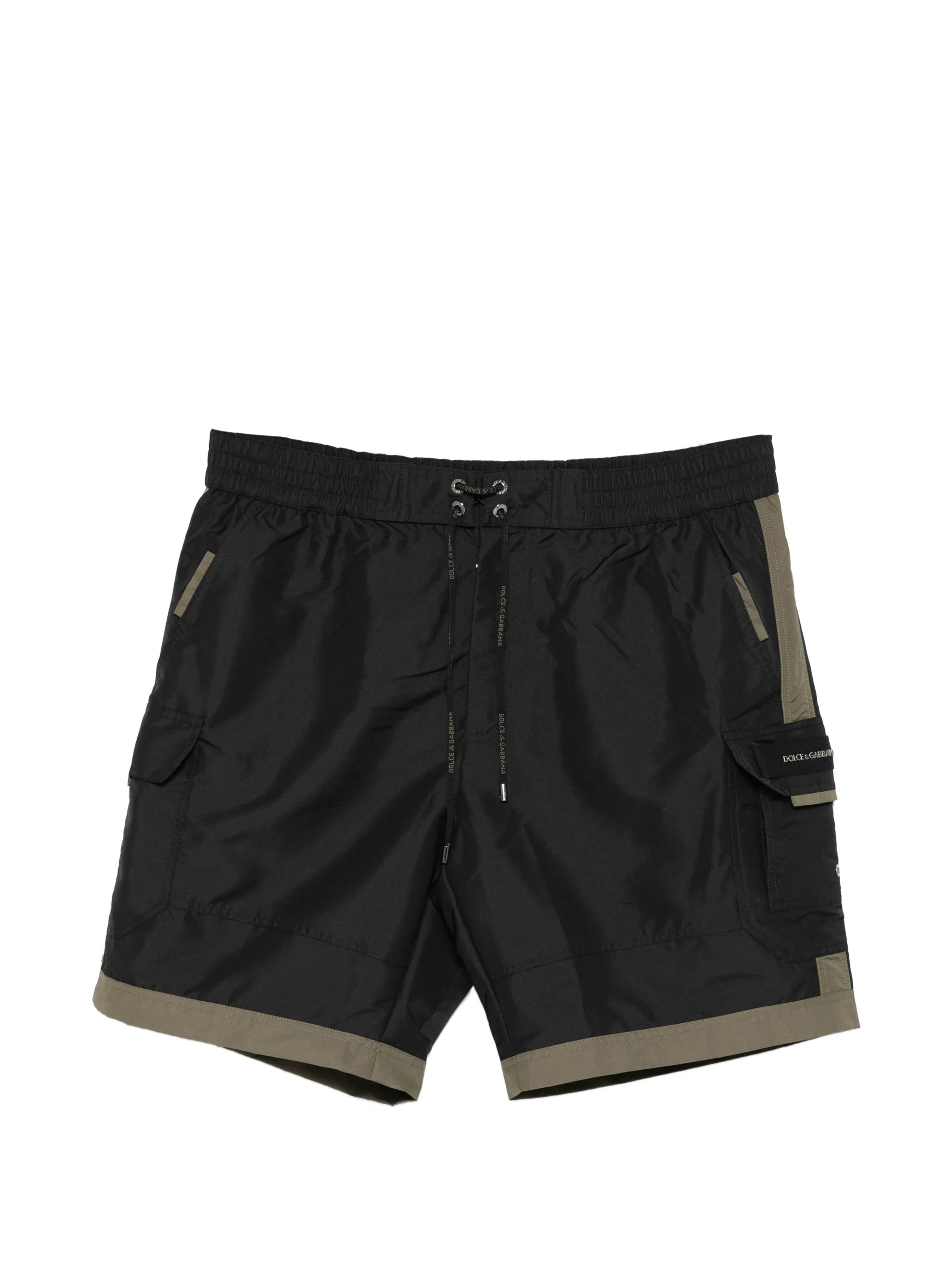 Black Mid-Length Olive Trim Utility Shorts