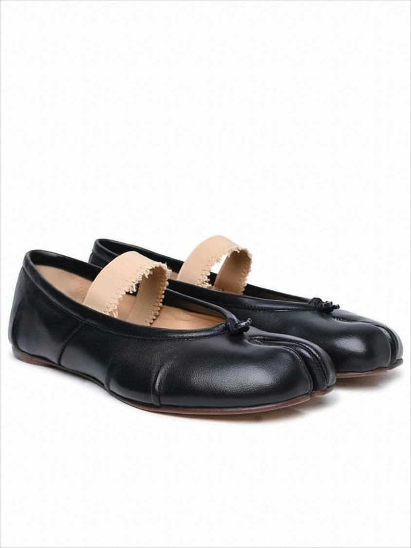 Split-Toe Black Leather Flats with Beige Strap Detail
