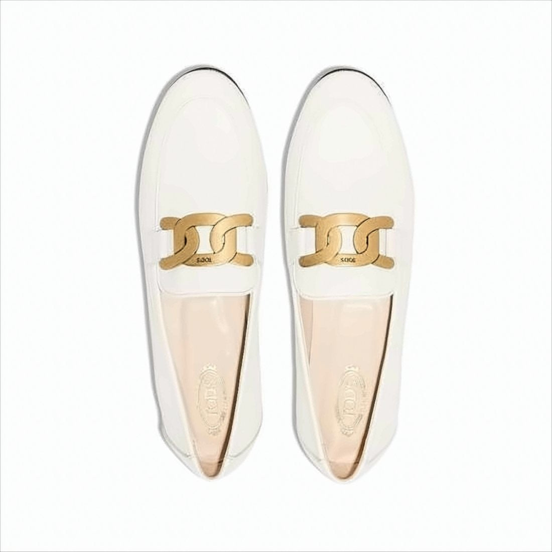 Sleek White Leather Loafers with Gold-tone Chain Detail