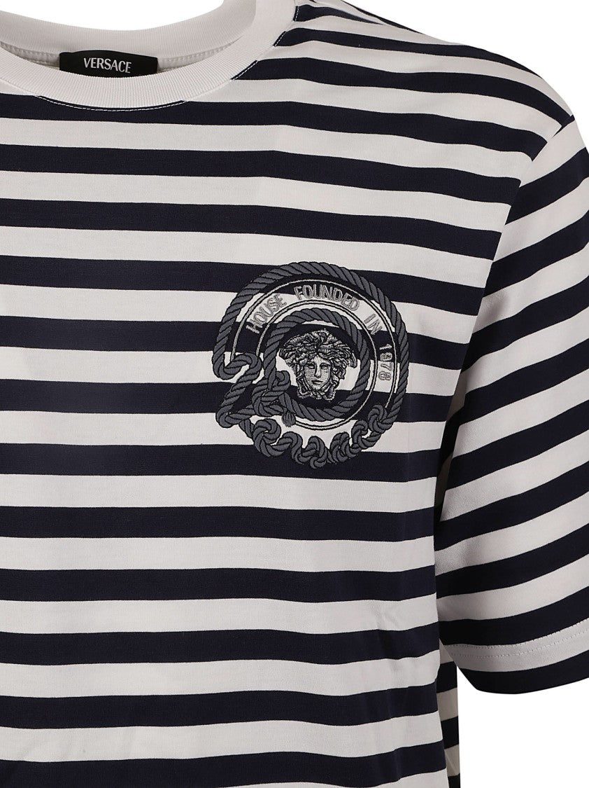 Classic Striped White T-Shirt With Embroidered Emblem