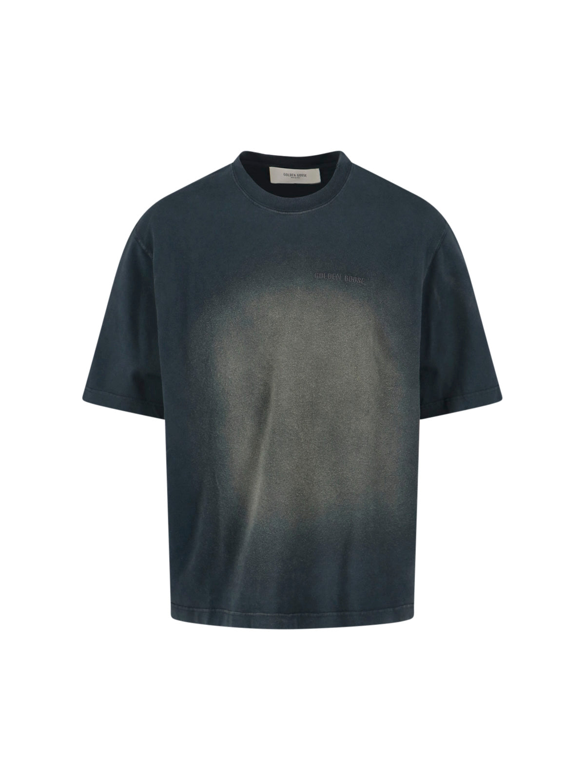 Worn-Finish Black Cotton T-Shirt with Ribbed Trims