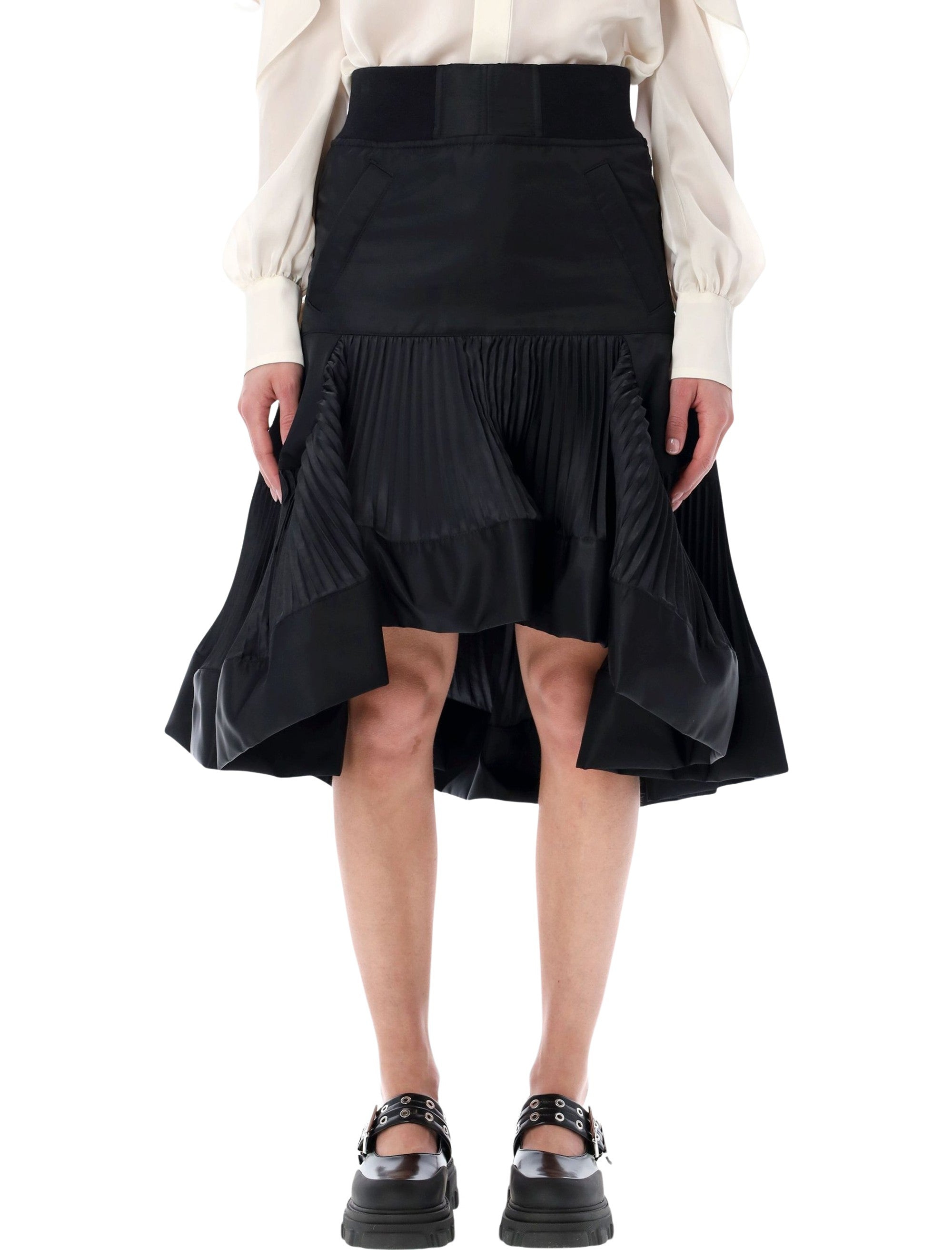 Nylon Twill Midi Skirt With Pleated Inserts