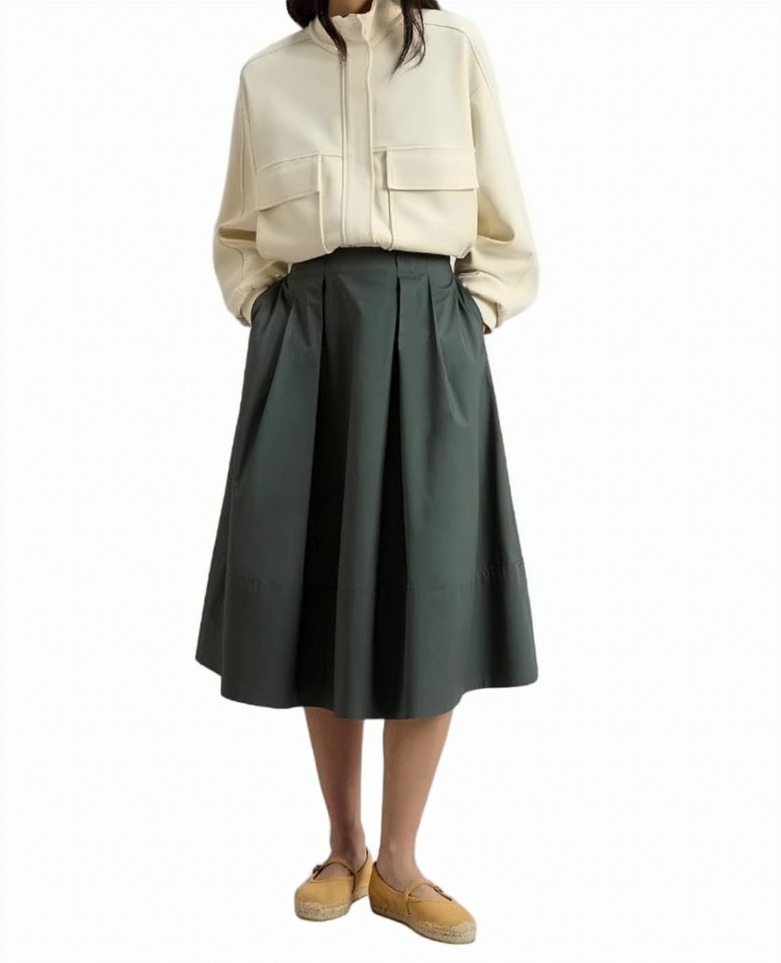 Pure Cotton Poplin Front Pleated Skirt