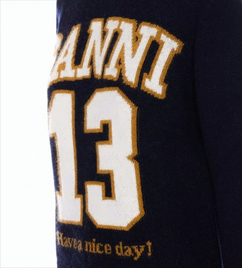 Varsity-Style Black Knit Sweater With Crew Neckline