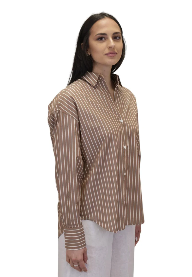 Brown Pinstripe Relaxed-Fit Shirt with Embroidered Detail