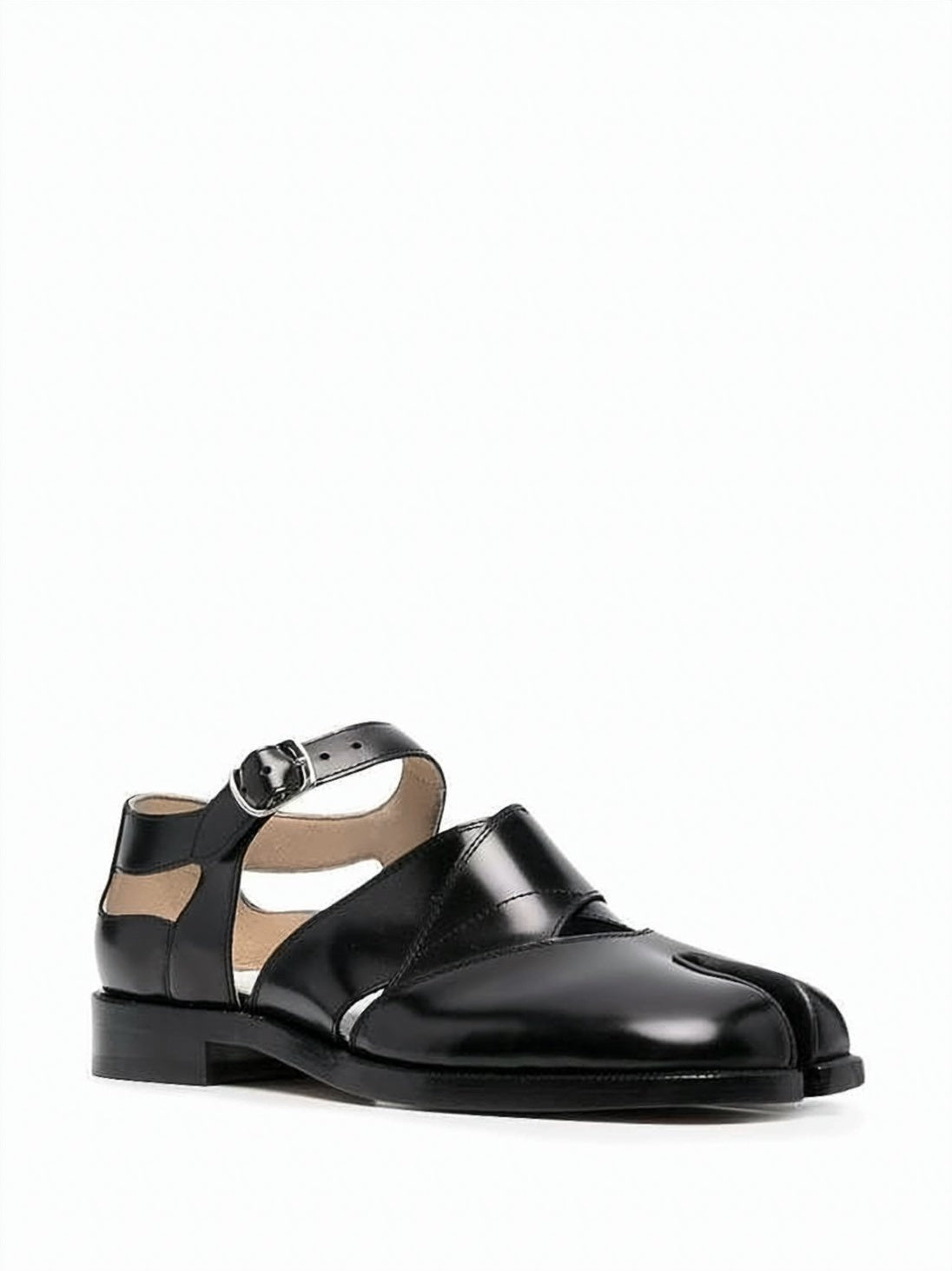 Split-Toe Black Calfskin Sandals with Ankle Buckle Strap