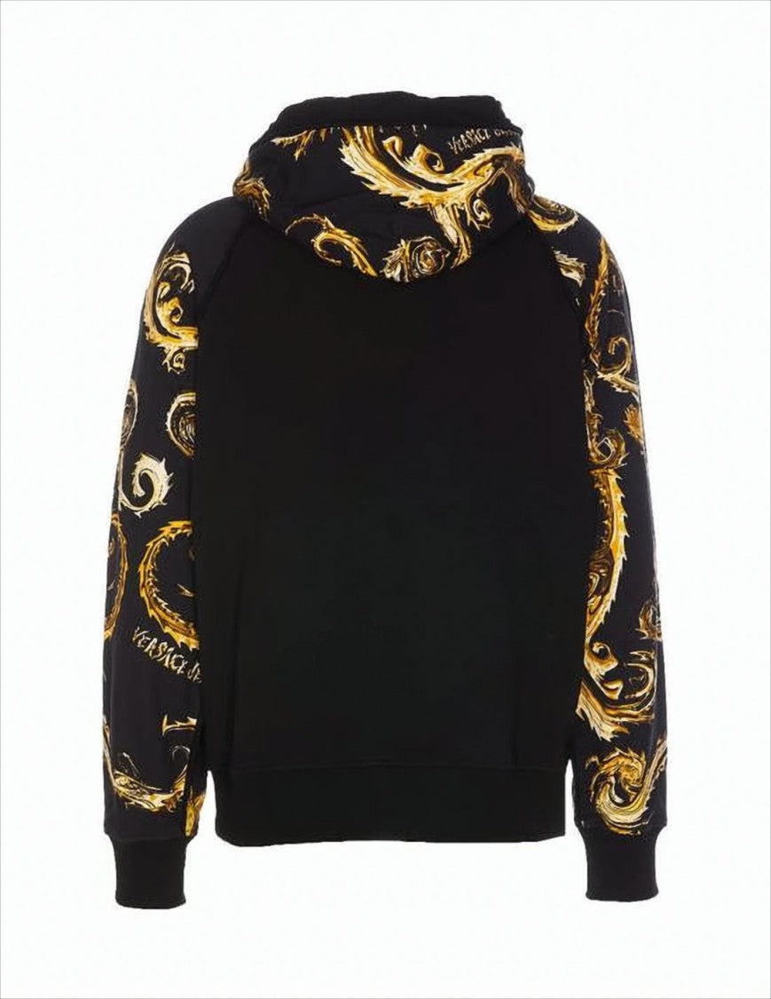 Baroque Patterned Black Hoodie with Gold Accents