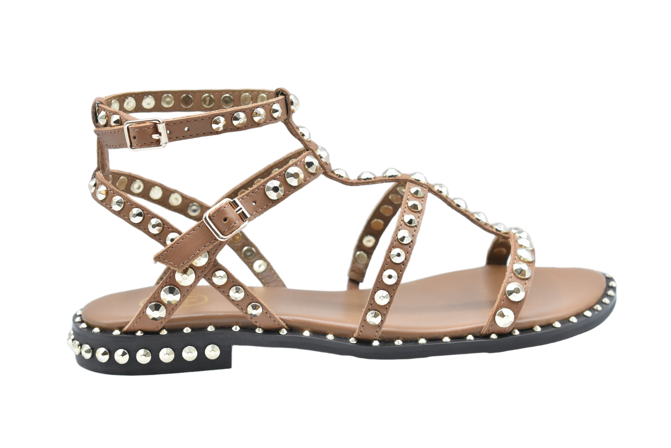 Cinnamon-Strapped Low Sandals With Metallic Studs
