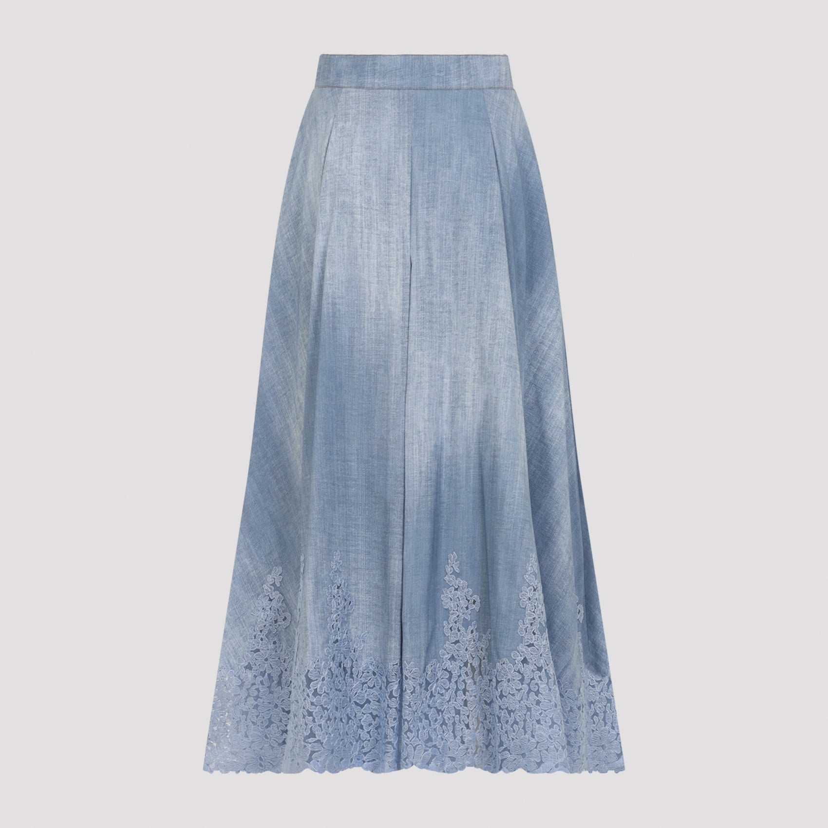 Flowing Pleated Midi Skirt With Floral Lace Hem