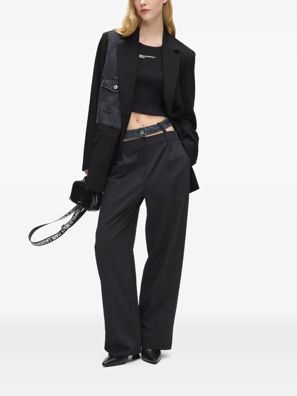 Tailored Black Blazer with Contrasting Denim Patch Detail