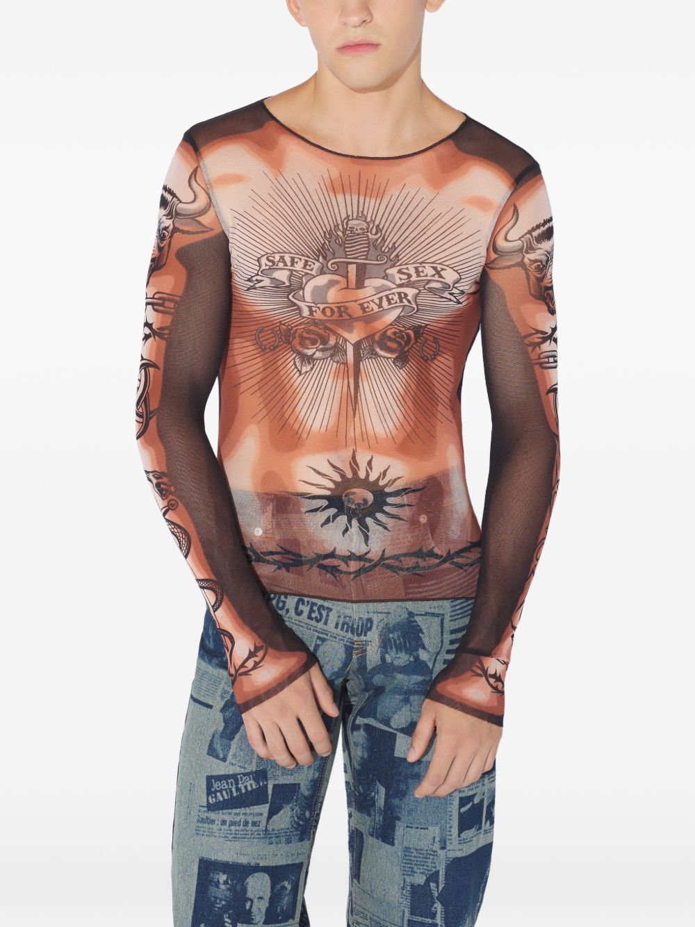 Tattoo-Inspired Sheer Long-Sleeved Top With Bold Motifs