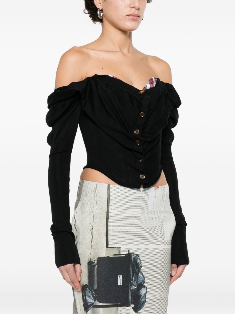 Black Ruched Orb Logo Square Neck Top
