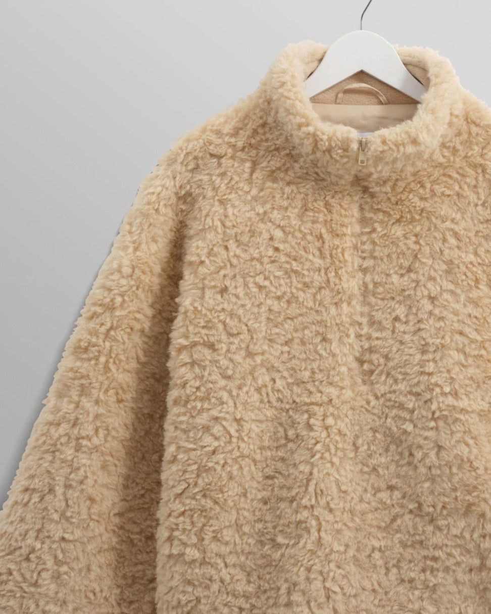 Recycled Sherpa Fabric Boxy-Fit Funnel Neck Jacket