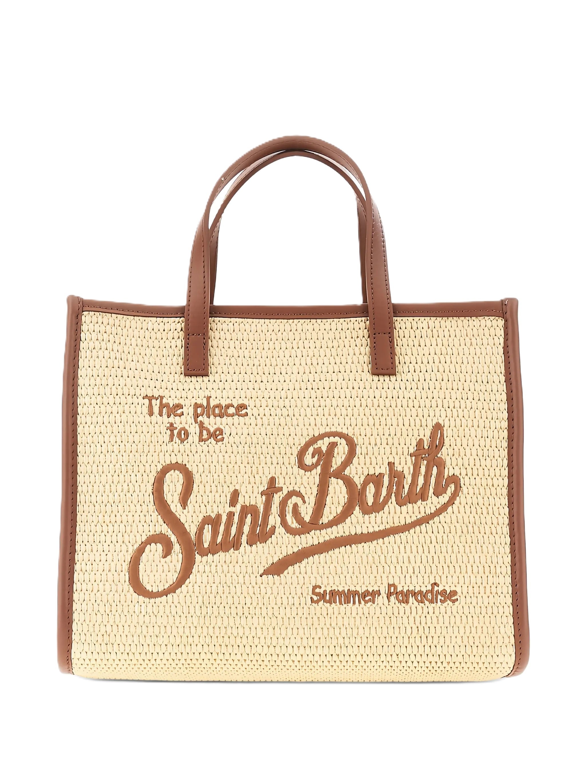 Rectangular Woven Tote Bag with Embroidered Script