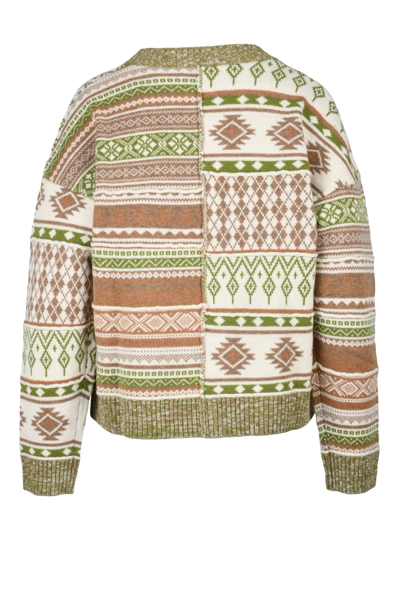 Crew Neck Sweater - Green/Beige