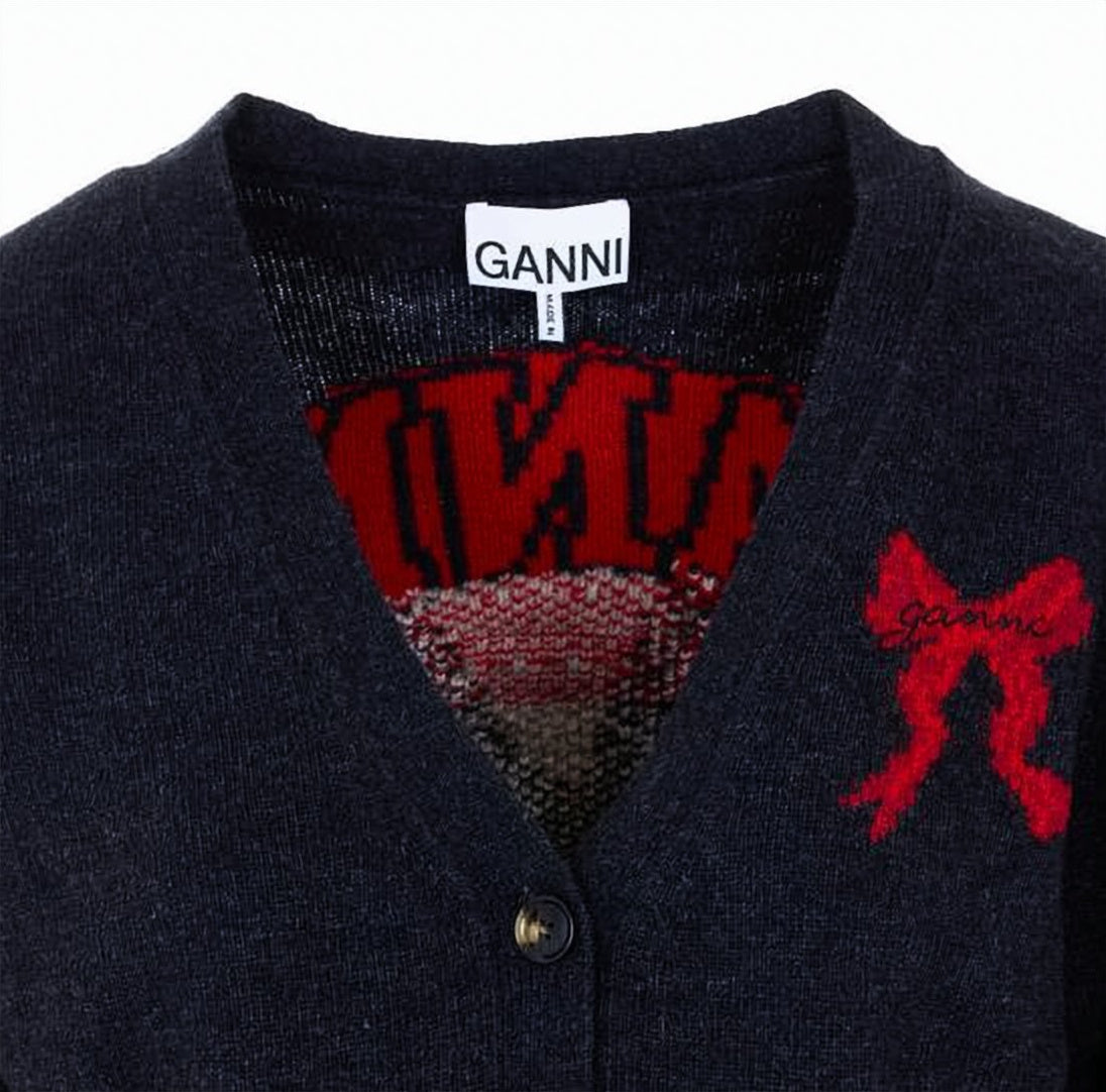 Deep V-Neck Cardigan with Playful Embroidered Rabbit