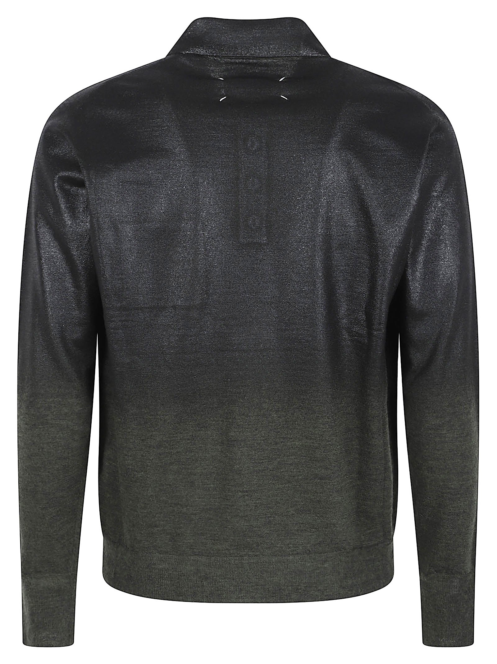Dark Green Wool-Blend Fabric Long-Sleeved Polo Shirt