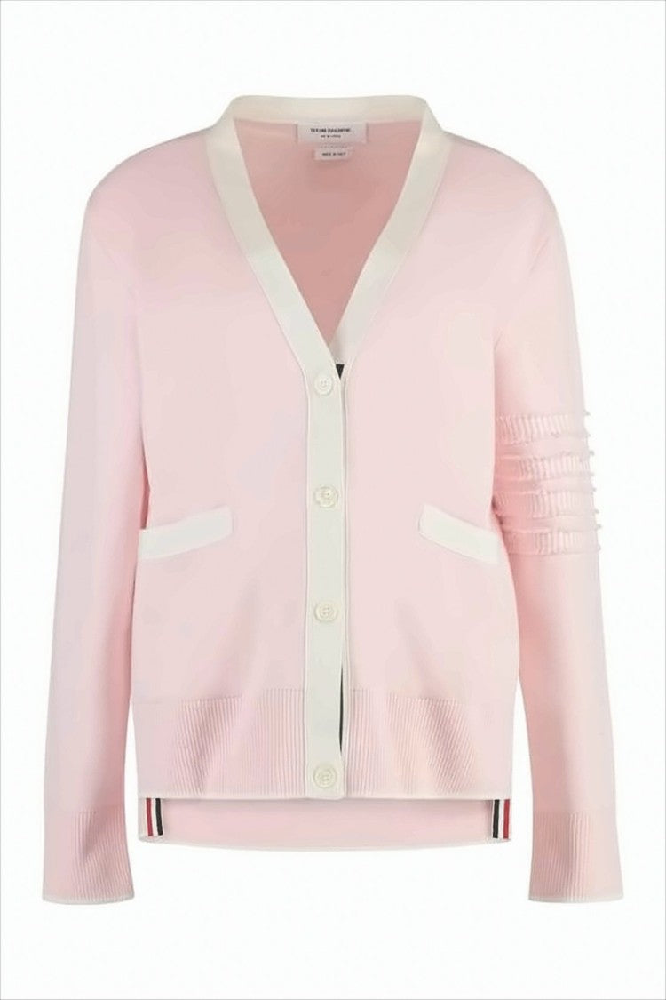 Soft Pink Cardigan with White Trim and Cropped Fit