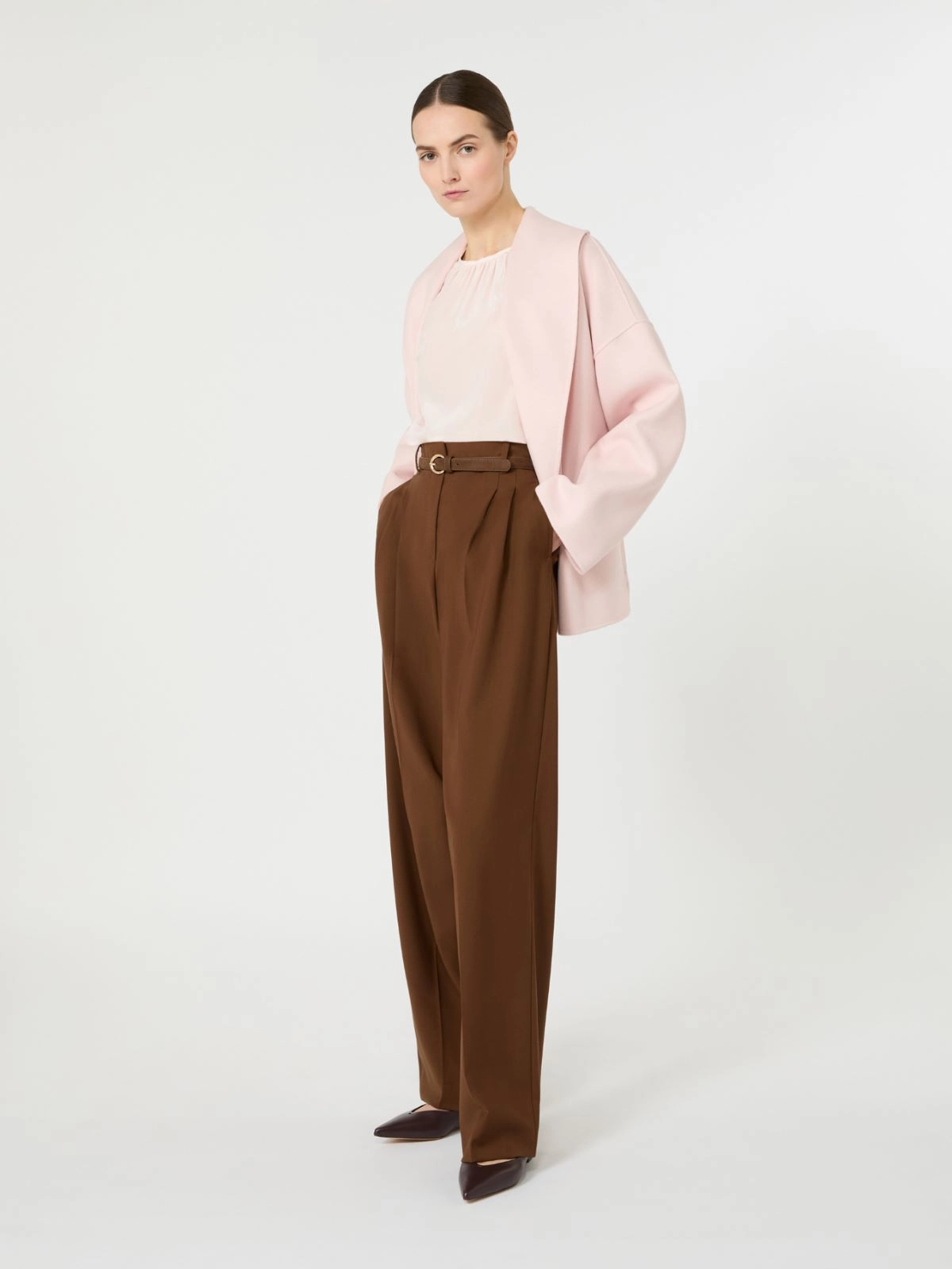 Blush-Tone Blouse with Gathered Neckline and Puff Sleeves