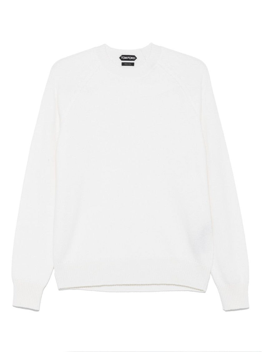 White Crew Neck Sweater in Wool-Cashmere Blend