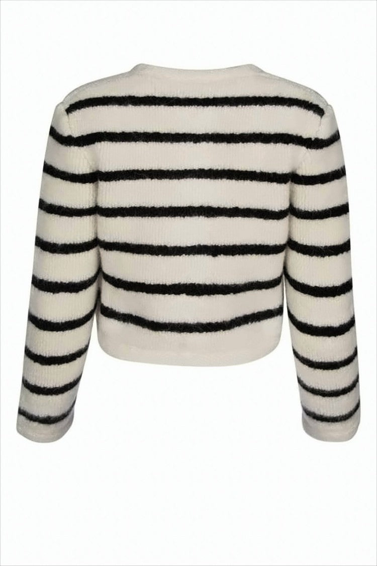 Cropped Knit Cardigan with Horizontal Stripes and Gold-Tone Buttons