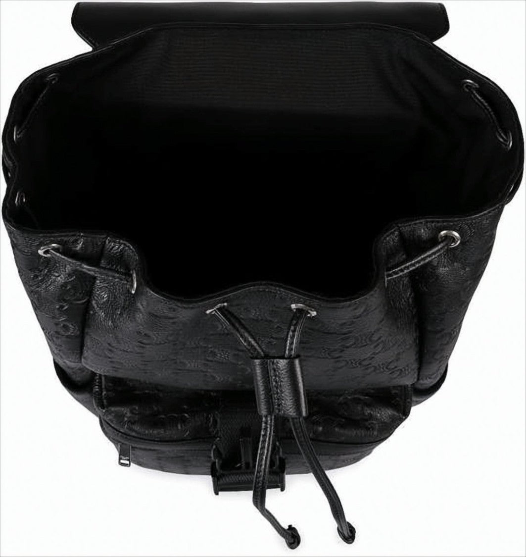 Structured Black Calf Leather Backpack with Metal Buckle Closure