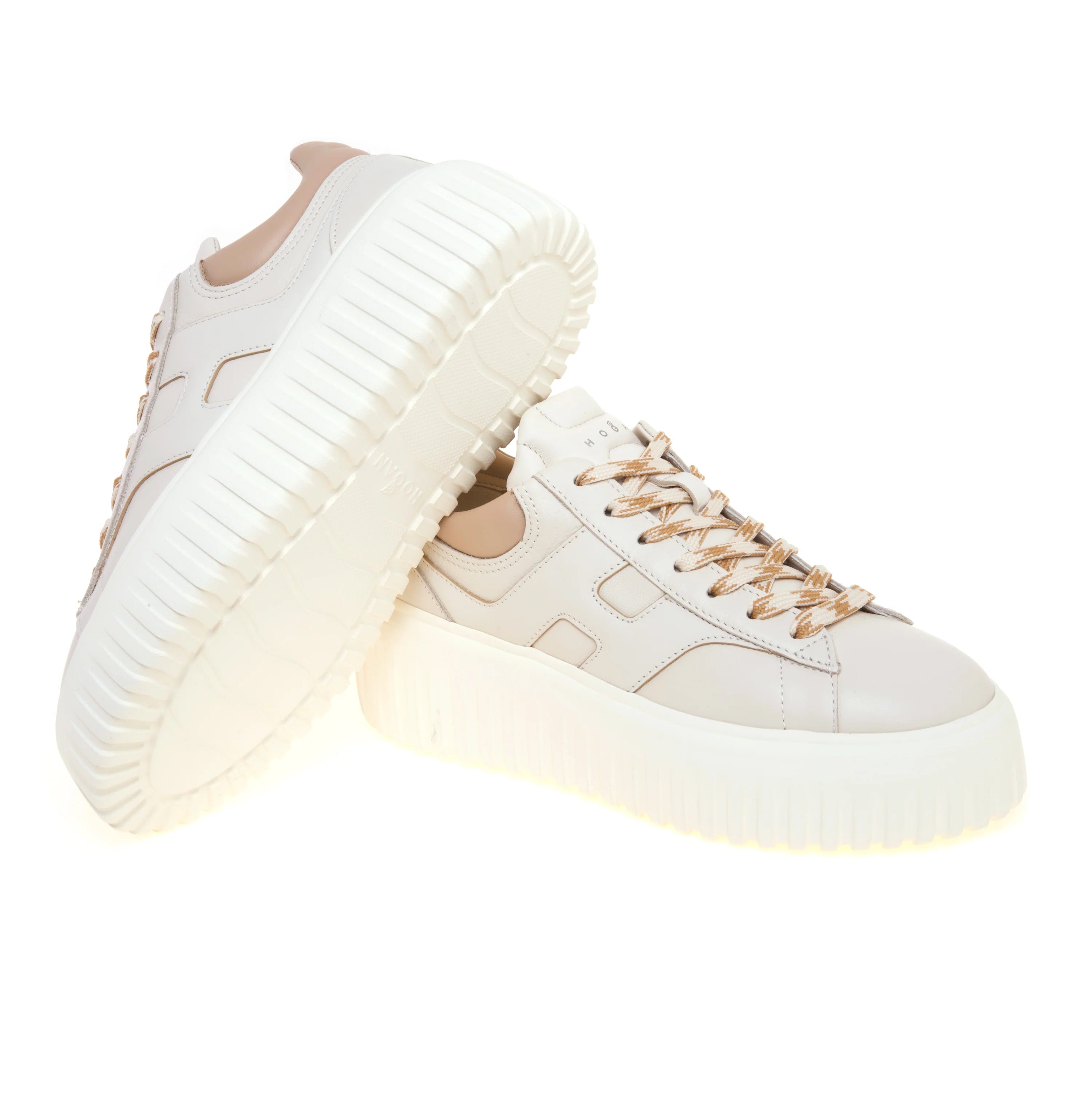 Ivory H-Stripes Leather Sneakers With Padded Collar And Embossed Logo
