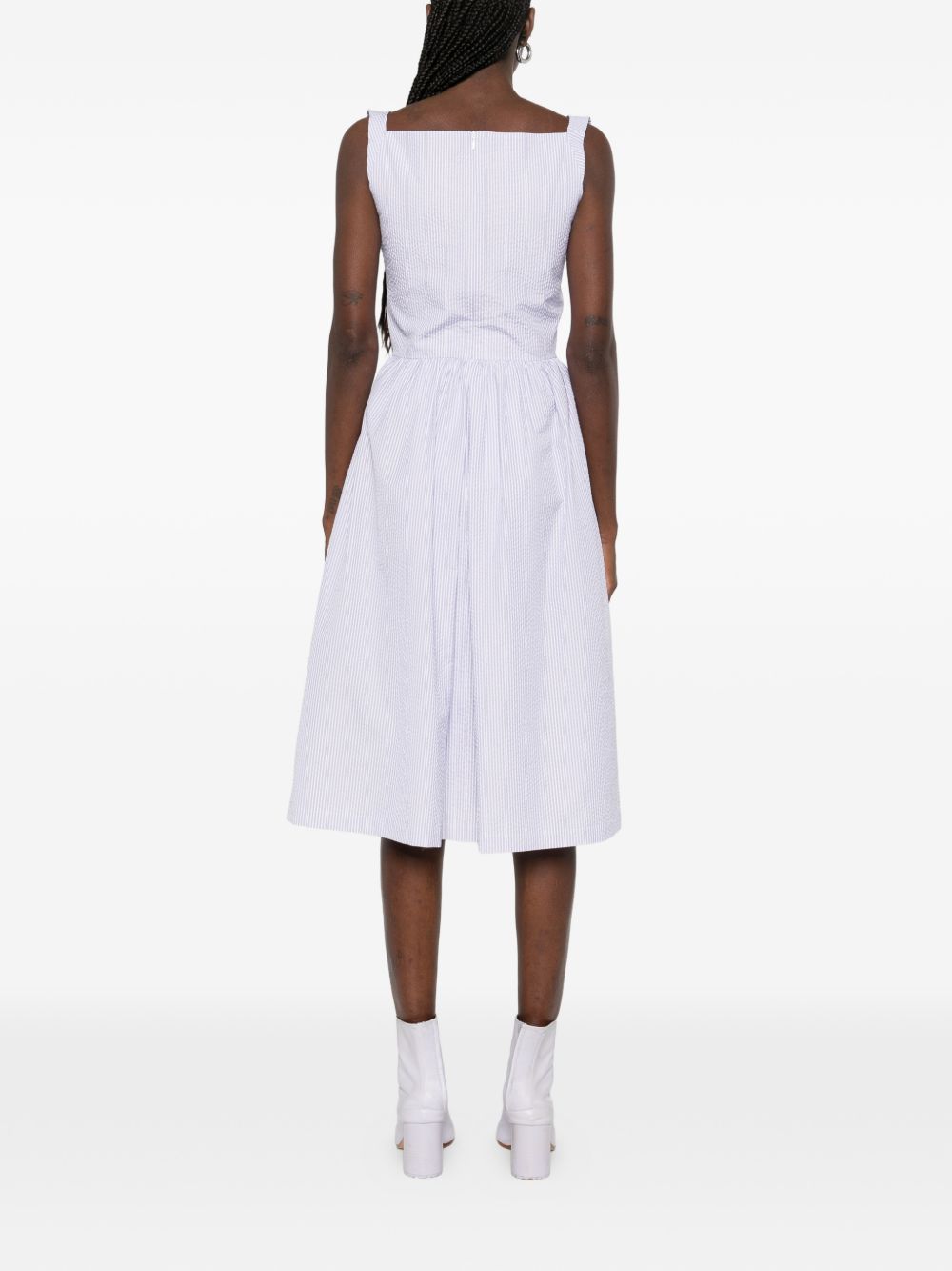 Sleeveless White Midi Dress With Draped Cowl Neckline And Gathered Waist