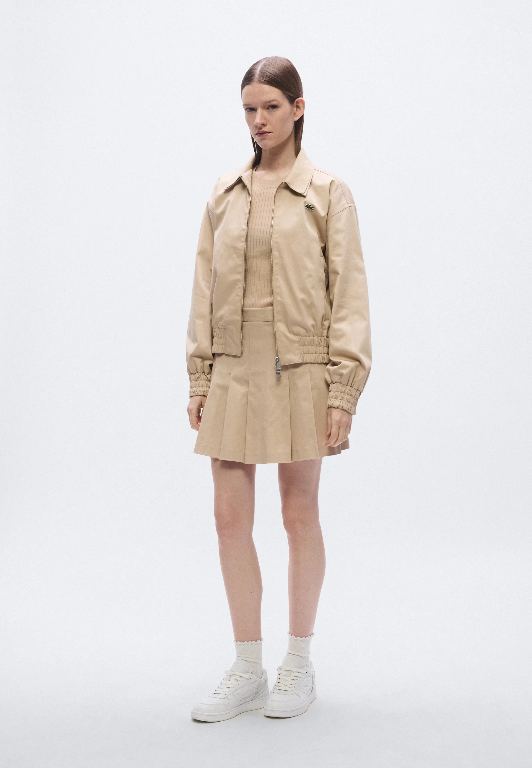 Beige Short Pleated Cotton Skirt