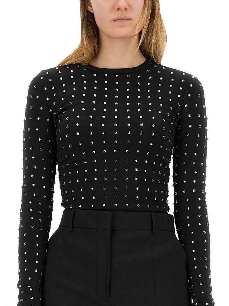 Fitted Black Long-Sleeve Top With Crystal Embellishments
