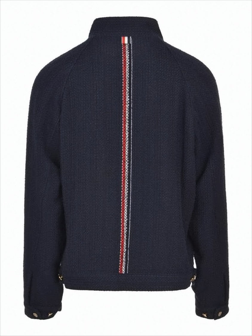 Textured Navy Casual Jacket with Gold-tone Hardware and Tri-Color Stripe