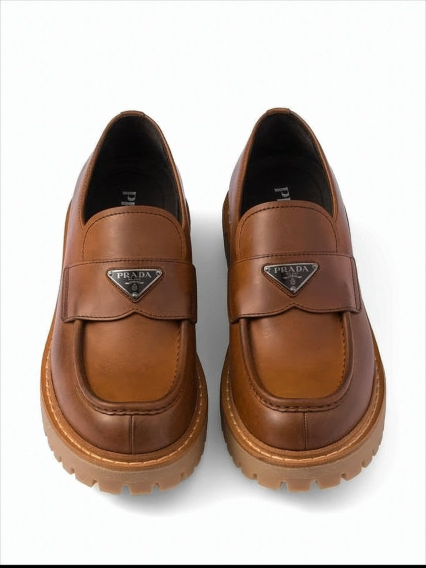 Polished Calf Leather Loafers with Triangular Logo Plaque