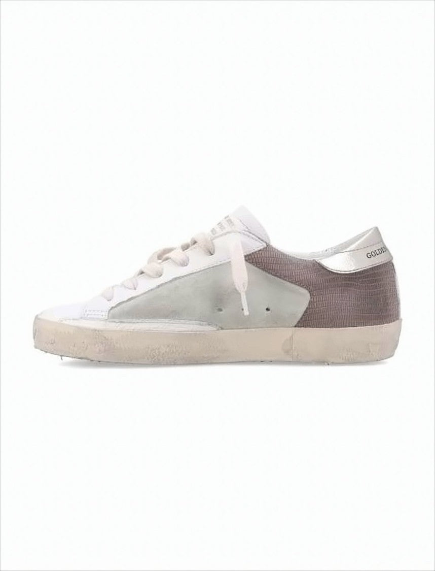 Distressed White Leather Low-Top Sneakers With Grey Suede Star