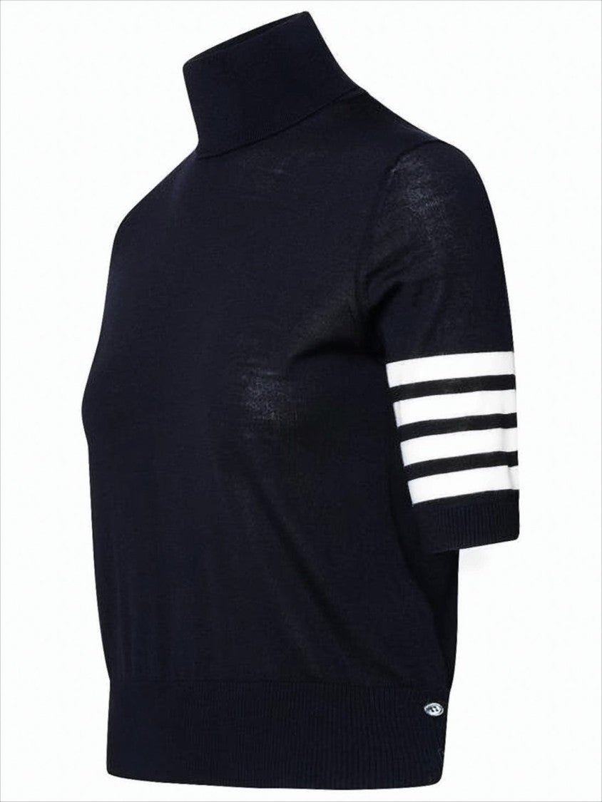 Fitted Black Turtleneck Sweater with Bold Stripe Detail