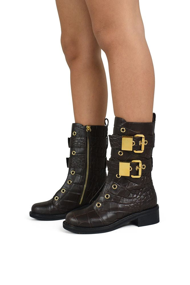 Textured Crocodile Pattern Leather Boots