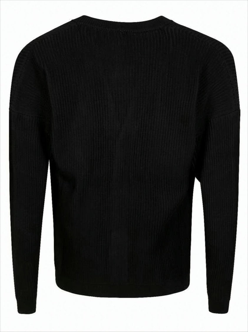 Cropped Black Ribbed Knit Cardigan With V-Neckline And Embroidered Detail