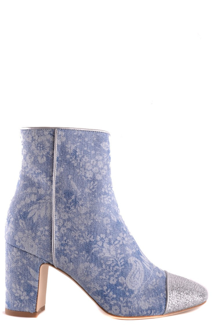 Textured Blue Ankle Boots With Block Heel