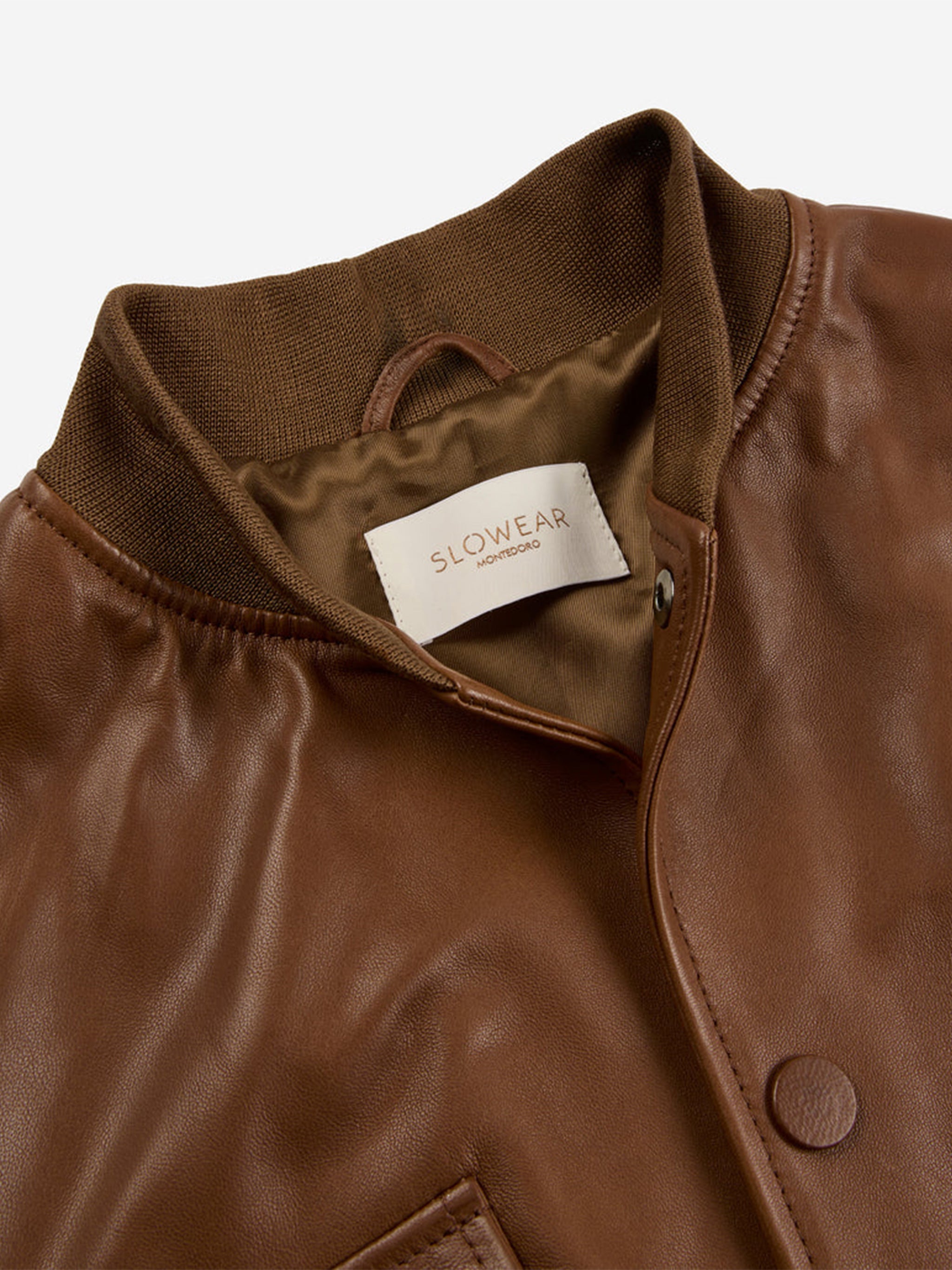 Brown Cropped Smooth Leather Bomber Jacket