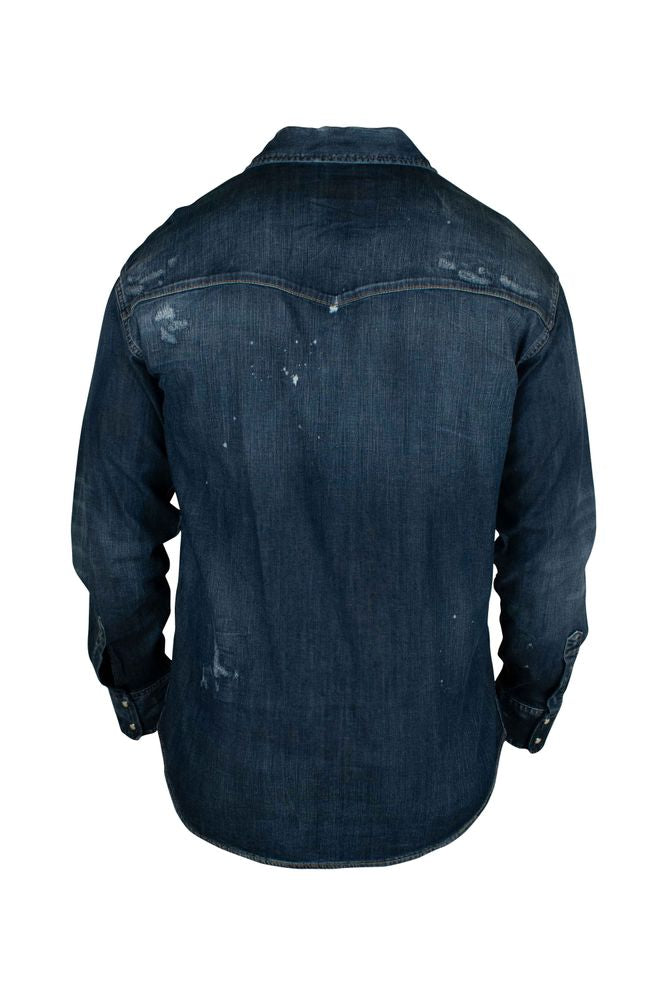 Navy Cotton Denim Shirt With Distressed Finish