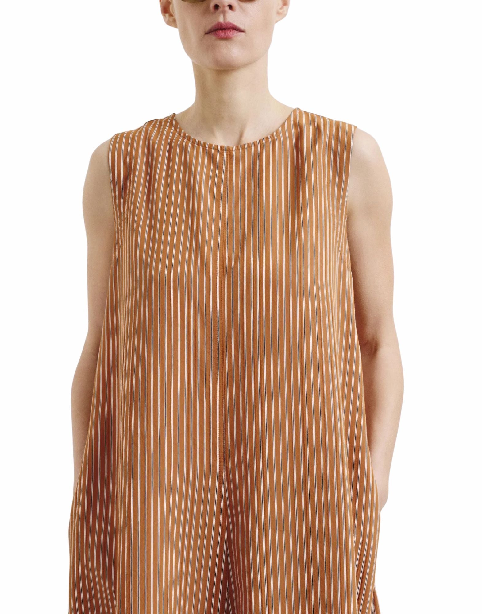 Long Striped Technical Viscose Dress In Apricot